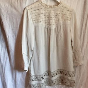 Cream Bohemian Folk Blouse Dress with Lace Details